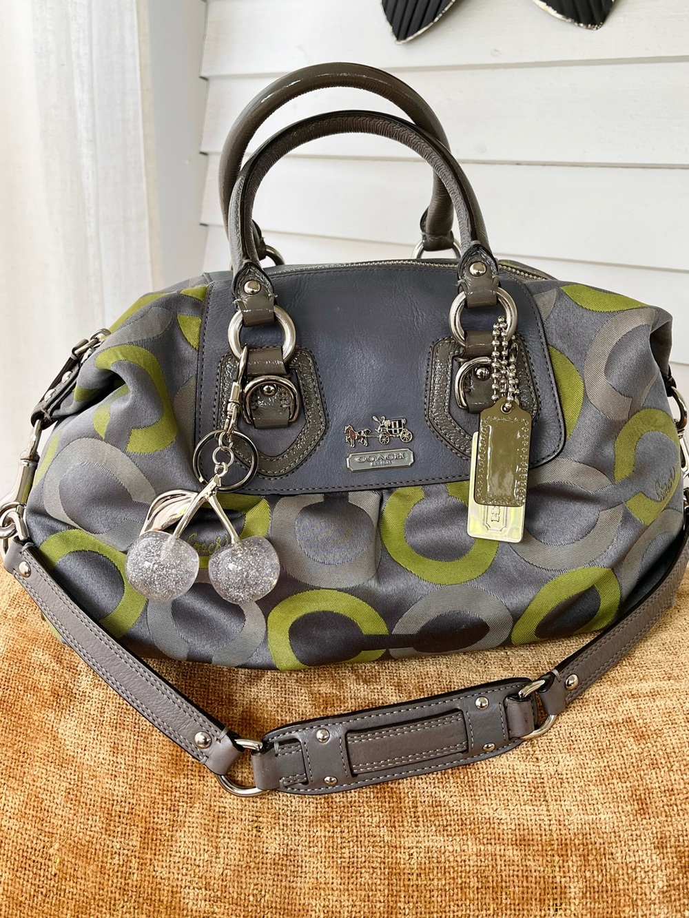 Coach Gray 🩶💚 Lime Signature Satchel with Leather Trim, GUC Y2K